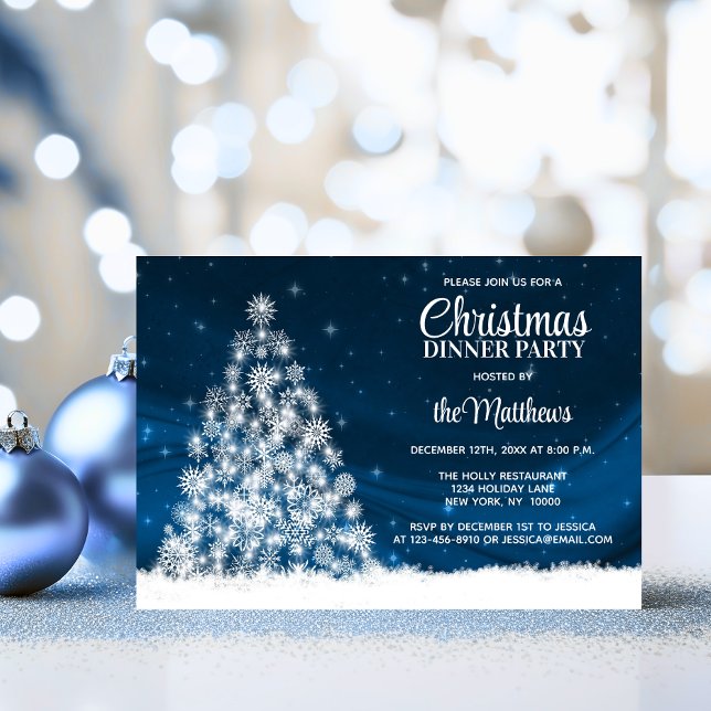CHRISTMAS DINNER PARTY Blau Weiße Lichter Baum Einladung (CHRISTMAS DINNER PARTY Blue White Lights Tree Invitation)