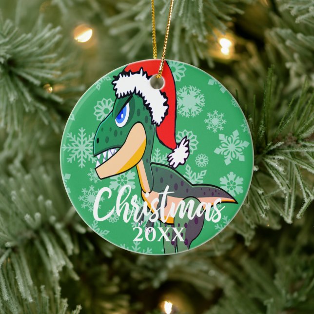 Christmas Dinosaur Cute Foto von Green Kids Keramik Ornament (Baum)