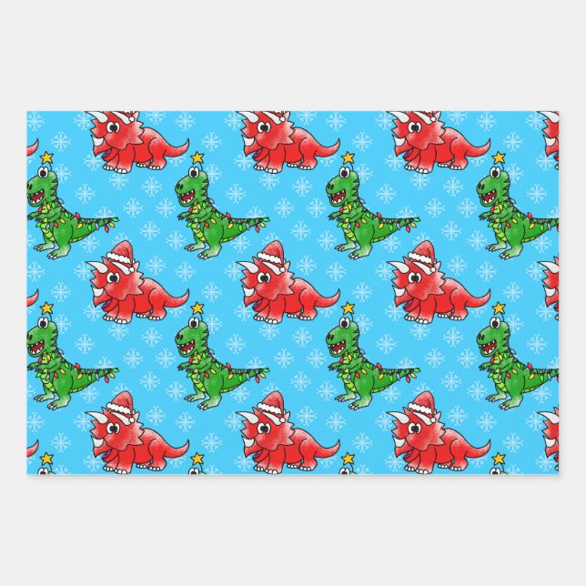 Christmas Dinosaur Muster T-Rex Triceratops Geschenkpapier Set (Vorderseite)