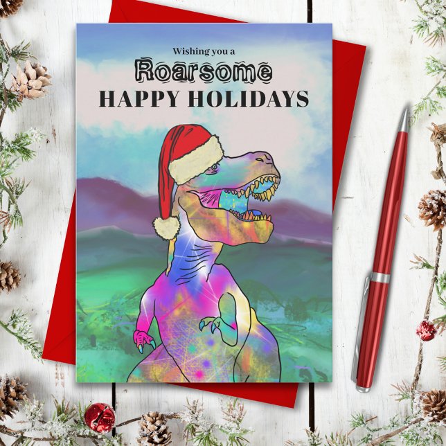 Christmas Dinosaur T-Rex Feiertagskarte (Christmas dinosaur roarsome happy holidays greetings card with T-Rex wearing a Santa hat)