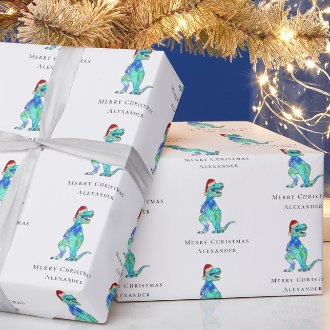 Christmas Dinosaur T-Rex Personalisiert Geschenkpapier (Personalized Christmas dinosaur holiday gift wrap funny colorful Jurassic festive Santa T-Rex dino)