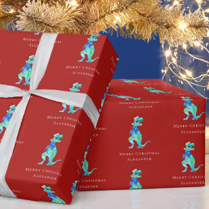 Christmas Dinosaur T-Rex Personalisiert Kids Red Geschenkpapier