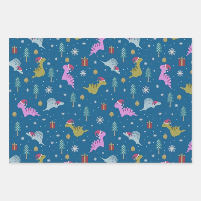 Christmas Dinosaurier Blue Geschenkpapier Set (Vorderseite)