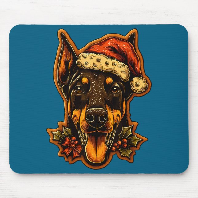 Christmas Doberman Dog With Santa Hat Gingerbread  Mousepad (Vorne)