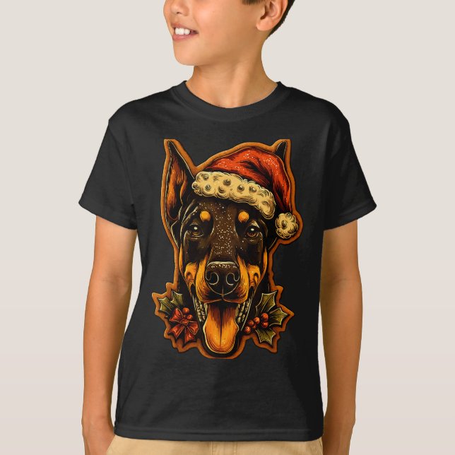 Christmas Doberman Dog With Santa Hat Gingerbread  T-Shirt (Vorderseite)