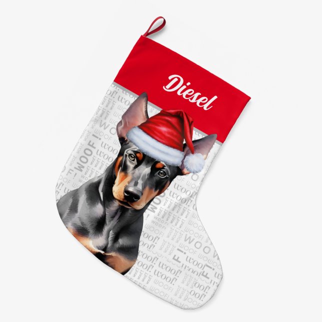 Christmas Doberman Pinscher Santa with Dog's Name Großer Weihnachtsstrumpf (Vorderansicht (hängend))