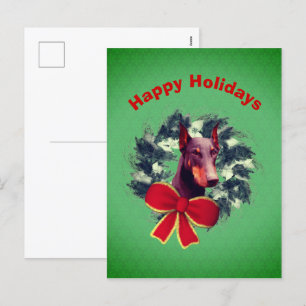 Christmas Doberman Wreath Bow Holiday Postcard Feiertagspostkarte