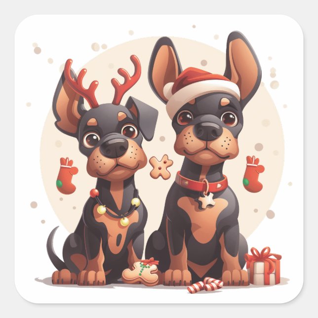 Christmas Dobermann Hunde Quadratischer Aufkleber (Vorderseite)