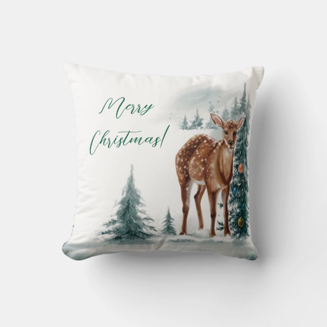 Christmas Doe Girl in Watercolor Kissen (Vorderseite)