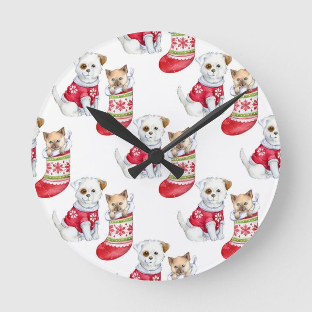Christmas Dog & Cat Runde Wanduhr (Vorderseite)