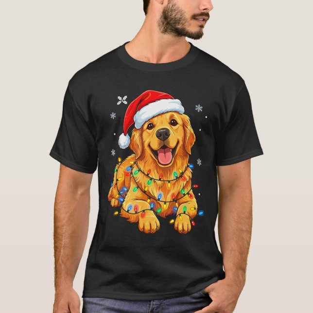 Christmas Dog Golden Retriever Lights Xmas  T-Shirt (Vorderseite)