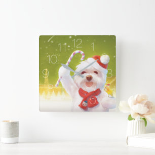Christmas Dog in Santa Hat Quadratische Wanduhr