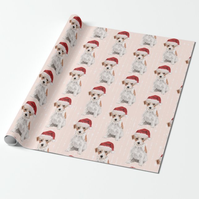 Christmas Dog Jack Russell Weihnachtsmannmütze Geschenkpapier (Ungerollt)