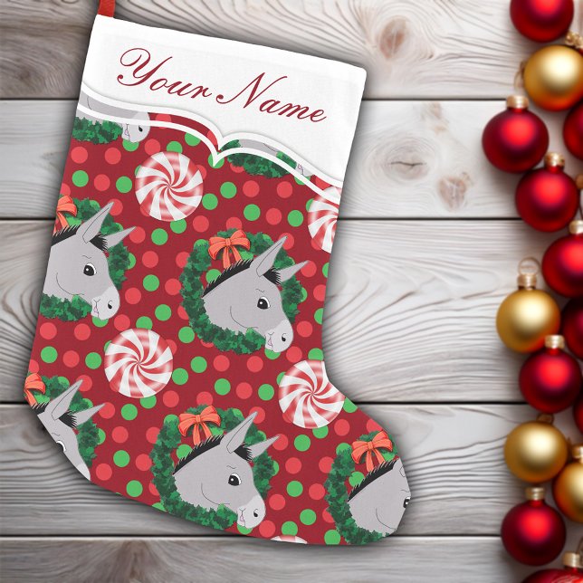 Christmas Donkey Wreath Candy Muster Personalisier Kleiner Weihnachtsstrumpf (Christmas Donkey Wreath Candy Pattern Personalized Small Christmas Stocking)