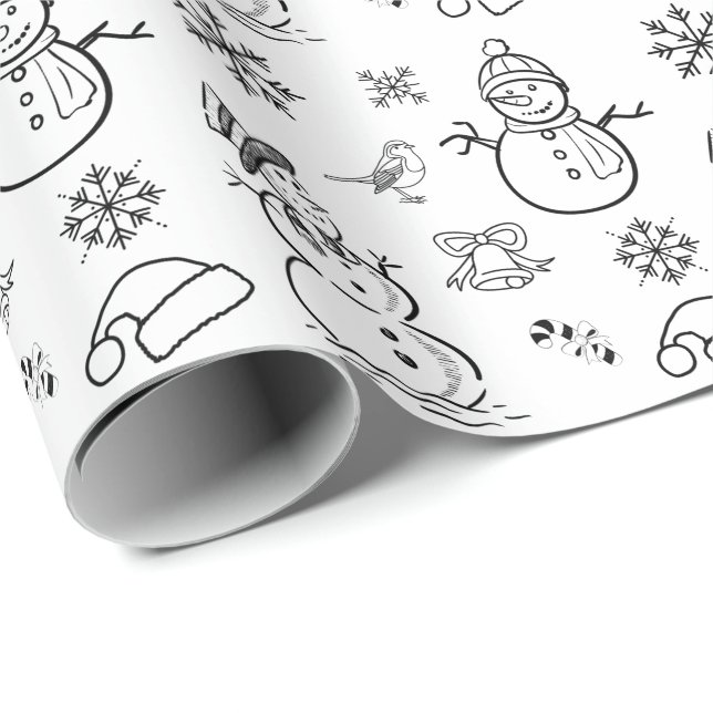 Christmas Doodle Snowman Funny Black und White Geschenkpapier (Rolleneckpunkt)