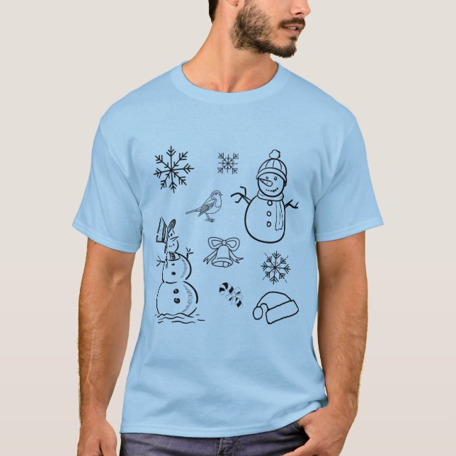 Christmas Doodle Snowman Funny Blue und White T-Shirt (Vorderseite)