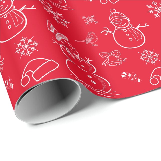 Christmas Doodle Snowman Funny Red und White Geschenkpapier (Rolleneckpunkt)