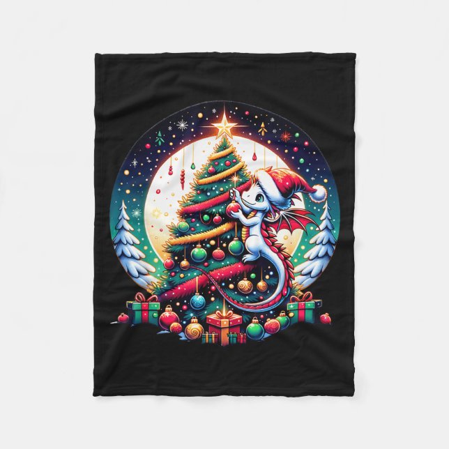 Christmas Dragon Decorates Christmas Tree - Merry  Fleecedecke (Vorderseite)
