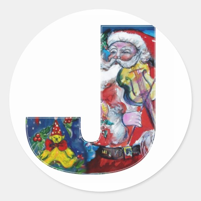 CHRISTMAS EIN SCHREIBEN / SANTA MIT VIOLIN-MONOGRA RUNDER AUFKLEBER (Vorderseite)