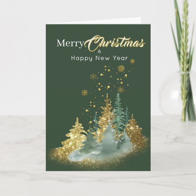 Christmas Elegance: Green and Gold Pine Tree Karte (Vorderseite)