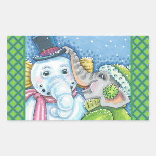 CHRISTMAS ELEPHANT GEBÄUDE NIEDLICH PACHYDERM SNOW RECHTECKIGER AUFKLEBER