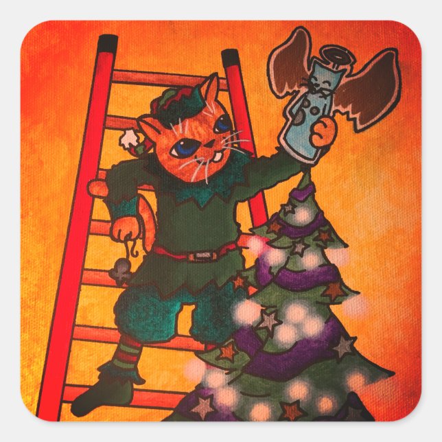 Christmas Elf Cat Quadratischer Aufkleber (Vorderseite)