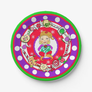 Christmas Elf Girl Whimsical Candy Polka Dot Pappteller