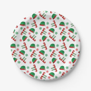Christmas Elf Hat Snowflakes Pattern Green Red Pappteller