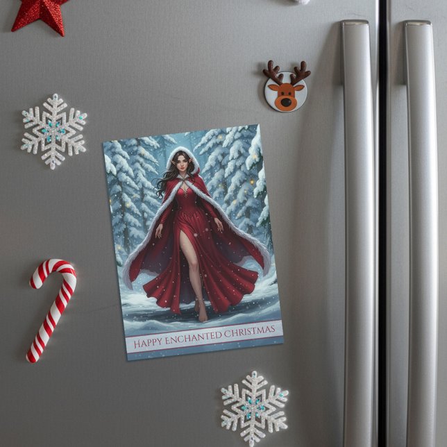 Christmas Elf in Red in Winter Forest Magnet Card (Von Creator hochgeladen)