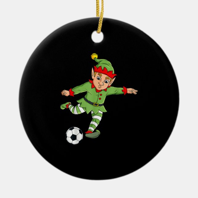 Christmas Elf Kicking Soccer Ball Funny Boys Girls Keramik Ornament (Vorne)