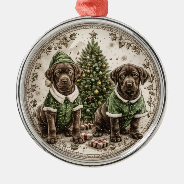 Christmas Elf Labrador Retriever Puppy Ornament Aus Metall (Vorne)