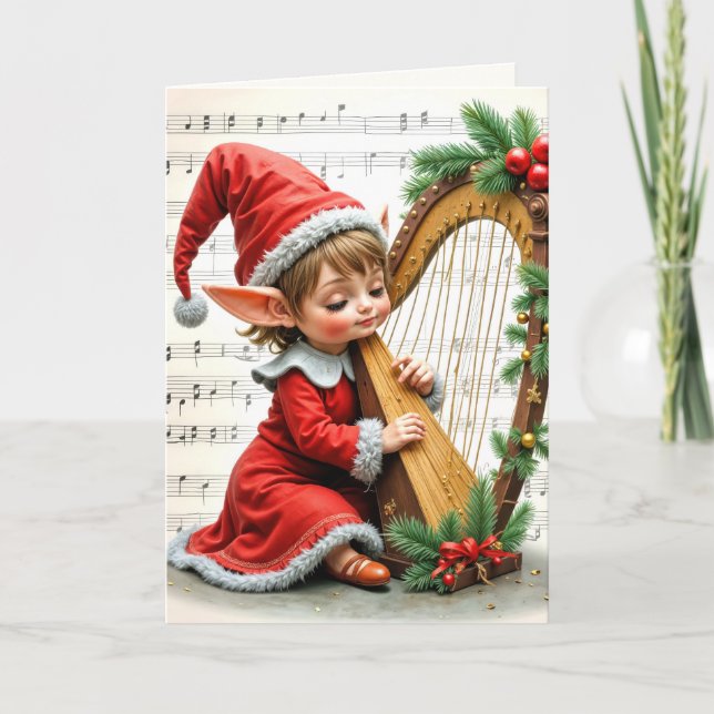 Christmas Elf Playing a Harp Karte (Vorderseite)
