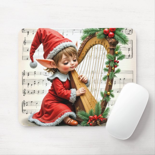 Christmas Elf Playing a Harp Mousepad (Mit Mouse)