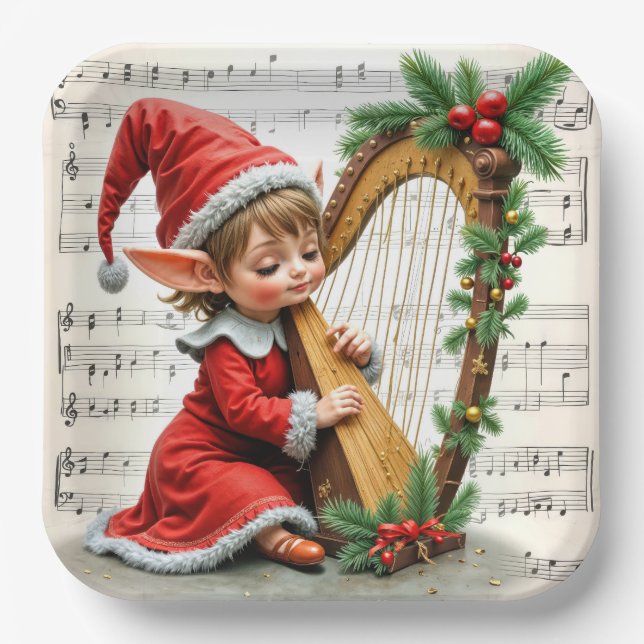 Christmas Elf Playing a Harp Pappteller (Vorderseite)