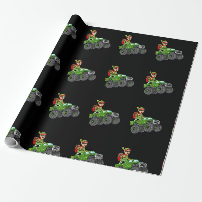 Christmas Elf Riding Monster Truck Holiday Boys Ki Geschenkpapier (Ungerollt)