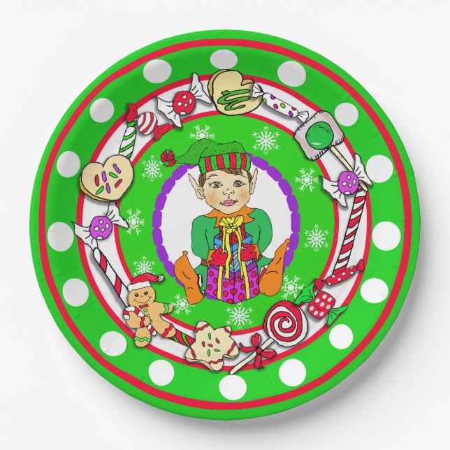 Christmas Elf Whimsical Candy Polka Dot Pappteller (Vorderseite)