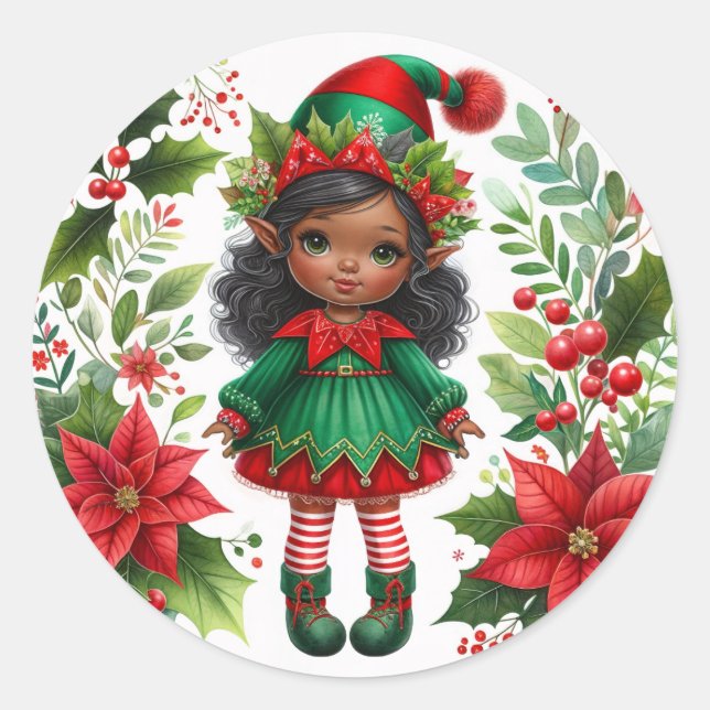 Christmas Elf With Brown Skin Holiday Runder Aufkleber (Vorderseite)
