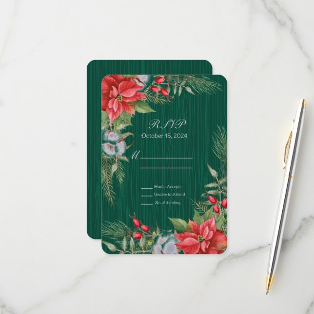 Christmas Emerald Green Poinsettia RSVP Karte (Vorderseite/Rückseite Beispiel)