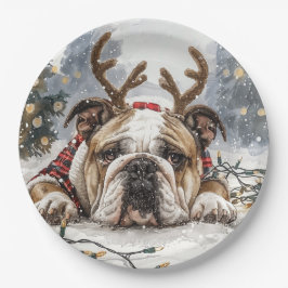 Christmas English Bulldog Reindeer Pappteller