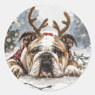 Christmas English Bulldog Reindeer Runder Aufkleber