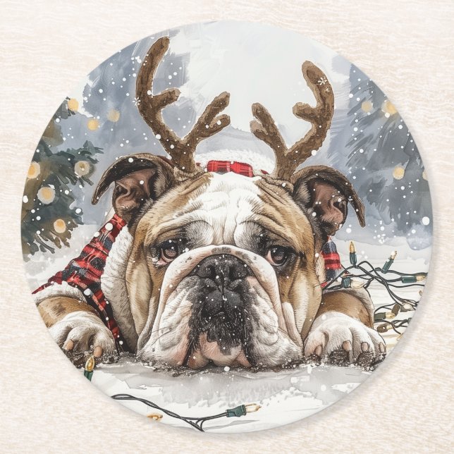 Christmas English Bulldog Reindeer Runder Pappuntersetzer (Vorderseite)