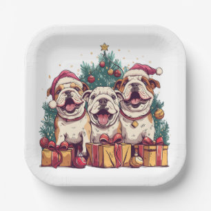 Christmas English Bulldog Weihnachtsmannmützen Pappteller
