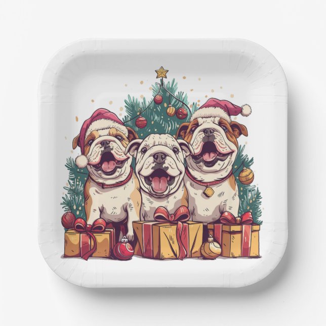 Christmas English Bulldog Weihnachtsmannmützen Pappteller (Vorderseite)