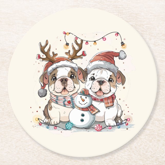 Christmas English Bulldogs Runder Pappuntersetzer (Vorderseite)