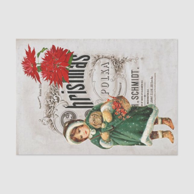 Christmas Ephemera Ad Niedlich Girl Puppy Decoupag Seidenpapier (Vorderseite)