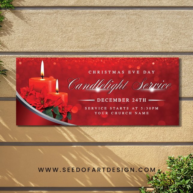 Christmas Eve Candlelight Poinsettia Red Church Banner (Von Creator hochgeladen)