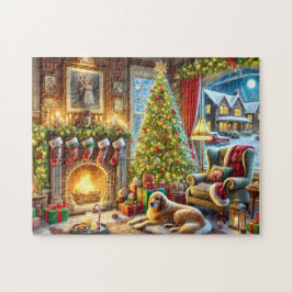 Christmas Eve Golden Retriever Cozy Fireplace Puzzle