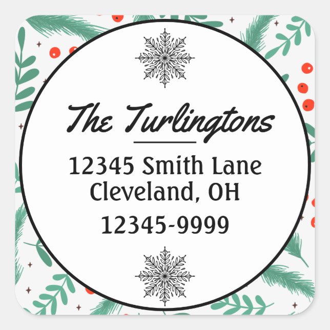 Christmas Evergreen Boughs Holly Rücksendeadresse Quadratischer Aufkleber (Vorderseite)