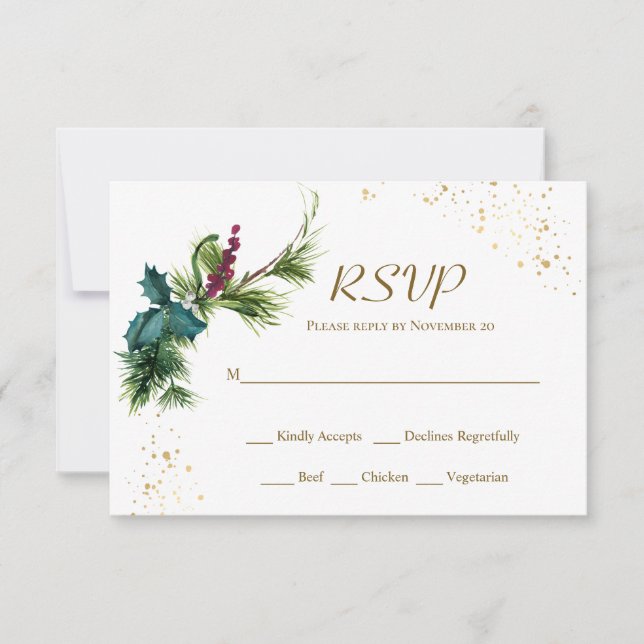 Christmas Evergreen Holly Winter Wedding RSVP Card (Vorderseite)