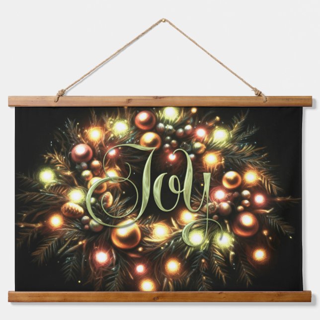 Christmas Evergreen Lighted Wreath Joy Wandteppich Mit Holzrahmen (Vorne)